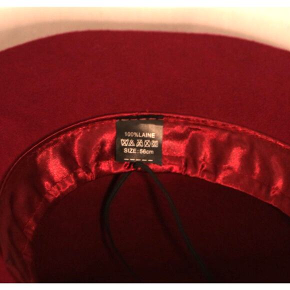 Womens Burgundy Fedora Hat Wide Brim Black Ribbon Band - Picture 9 of 9